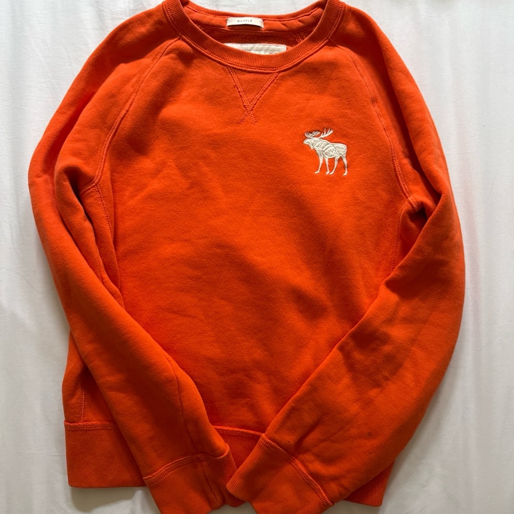 Abercrombie & Fitch Orange Crewneck Sweater with Embroidered Moose